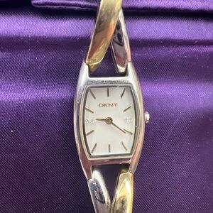 DKNY Silver and Gold Tonneau Watch with Artistic Bracelet